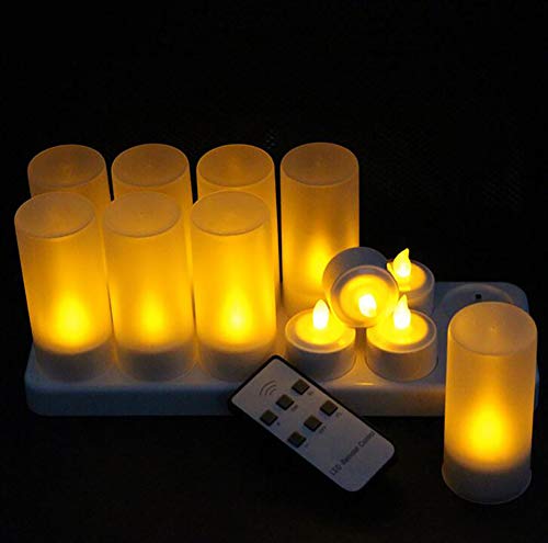 FYLDCDL CD-RC-12ST-A Rechargeable LED Electric Candles with Remote Control Flameless Flickering Tea Lights Set of 12 Amber Color
