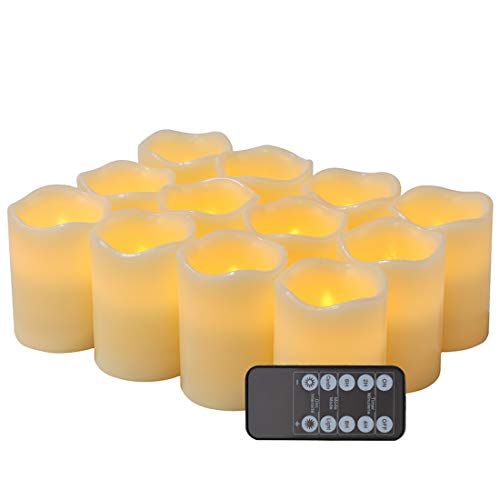 Flameless Candles LED Candles Set of 12 D3 X H4 Battery Operated Candles Flickering Bulb Pillar Ivory Real Wax Electric Candles with Remote and Timer
