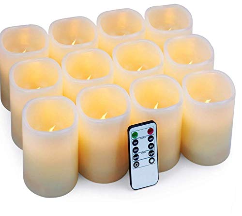 Flameless Candles LED Candles Set of 12 D3 X H4 Battery Operated Candles Flickering Bulb Pillar Ivory Real Wax Electric Candles with Remote and Timer for Home Christmas Decoration