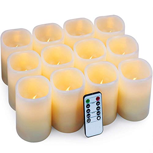 Hausware Flameless Candles LED Candles Set of 12 D3 X H4 Battery Operated Candles Flickering Bulb Pillar Ivory Real Wax Electric Candles with Remote and Timer Ivory 3x4 Set of 12