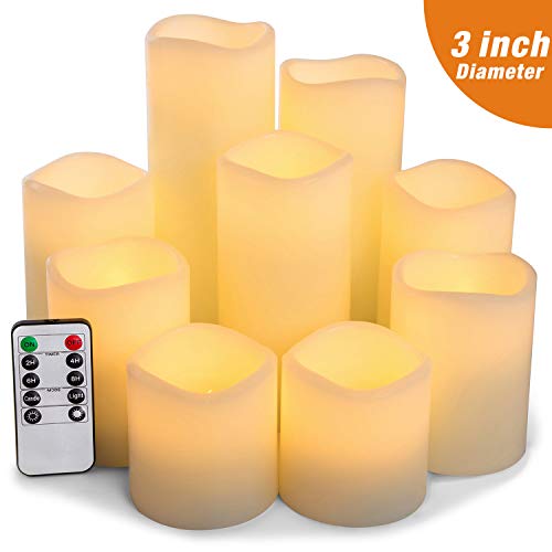 Pandaing Large Set of 9 Flameless Candles Battery Operated LED Pillar Real Wax Flickering Electric Candles with Remote Control Cycling 24 Hours Timer