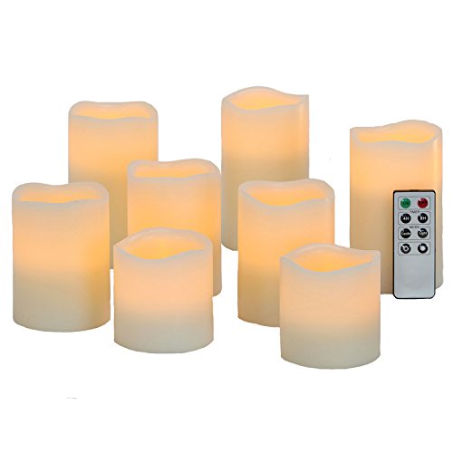Variety Set Of 8 Melted Top Flameless Cream Wax Pillar Candles With Warm White Leds 8 Function Remote And Batteries