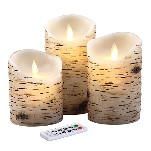 Flameless Candles 4 5 6 Set of 3 Birch Bark Effect Realistic Dancing Flame Candle Lights with Remote Control 2 4 6 or 8 Hours Timer Function