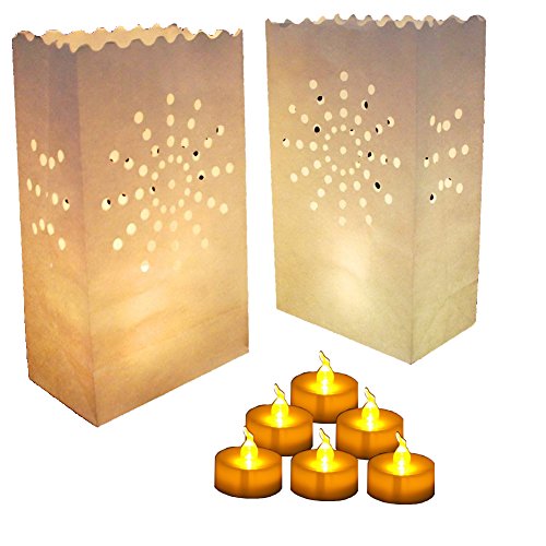 30 Flameless Tea Lights - Yellow Flickering LED Tealight Candles with 30 Bonus Luminary Bags