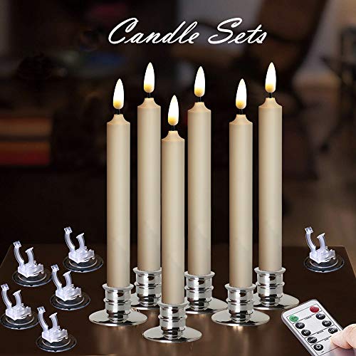 6PACK Flameless Battery Powered Ivory Taper Windows Candles with Remote and Timer Candlestick with Clips Suction Cupand Removable Silver Candleholders Remote IncludedChristmas decor candles
