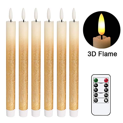 DRomance LED Flameless Taper Candles Battery Operated with Remote and Timer Set of 6 Real Wax Warm Light 3D Wick Flickering Window Candles 078 x 964 Christmas Home DecorationGold Gradient