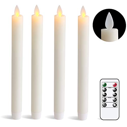 DRomance Remote Flameless Taper Candles with Timer Moving Wick Battery Operated LED Window Candles 078 x 95 Inches Real Wax Amber Yellow Christmas Window Decoration Candles Set of 4Ivory