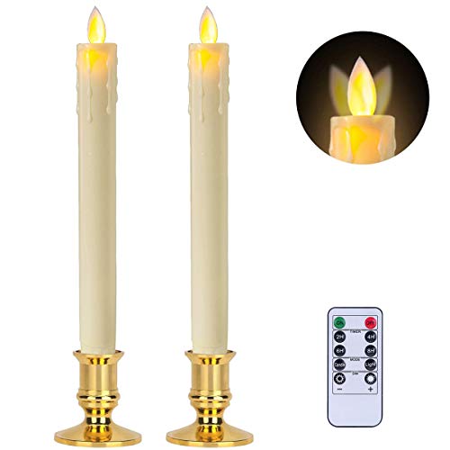 Window Candles Flameless LED Taper Candles Realistic Dancing LED Flickering Wickwith Remote Timer Removable Gold Candle Stands for Party Christmas Dinner Table Wedding Decoration Set of 2