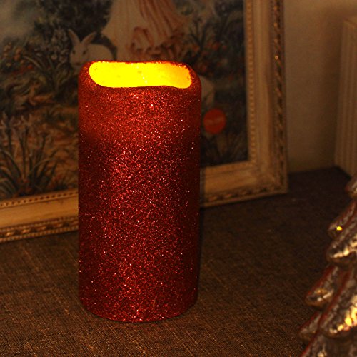 Dfl 3x6 Inch Flameless Real Wax Led Pillar Candle With Timer With Red Color Glitter Powder