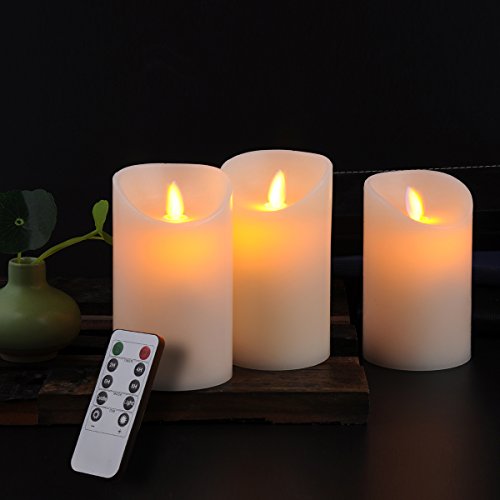 Calm-life Classic Pillar Real Wax Flameless LED Candles 3 X 5 with Timer 10-key Remote Control Feature Ivory Color - Set of 3