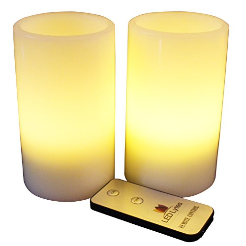 Led Lytes Flameless Candles Battery Operated Pillars Wremote Set Of 2 Ivory Wax And Soft Pale Yellow Flame