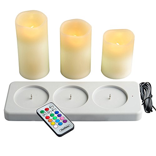 VonHaus Rechargeable Electric Candles - Set of 3 x Battery Operated Flameless LED Real Wax Pillars with 12 Colors Flickering Mode Remote Control Timer Ivory Color