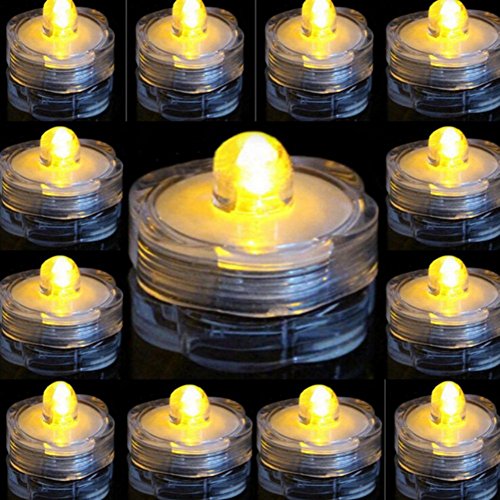 FUJINET 12 Pack Waterproof LED Realistic Flickering Flameless Candles Floral Night Lights Battery Powered Unscented Acquarium wedding Decorations Yellow Light
