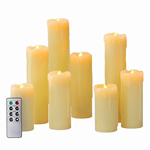 Set Of 8 Assorted Ivory Wax Drip Slim Flameless Candles With Bright Warm White Leds Remote Included Featuring