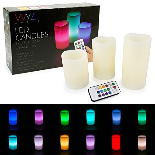WYZworks LED Ivory Flickering Flameless Candles - Set of 3  4 5 6  Multicolor Changing with Remote Control Weatherproof Indoor Outdoor Realistic Faux Wax Drips