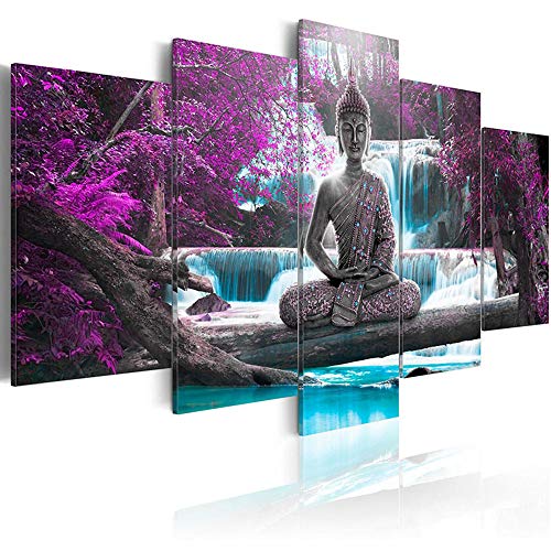 AWLXPHY Decor Large Buddha Waterfall Wall Art Canvas Painting Framed 5 Panels for Living Room Decoration Modern Landscape Buddha Trees Zen Stretched Artwork Giclee Purple 80x40