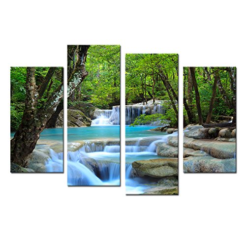 iK Canvs - 4 Pieces Canvas Prints Dreamlike Waterfall Wall Art Forest Landscape Summer Pictures Print On Canvas Giclee Artwork for Walls Decorations Ready to Hang