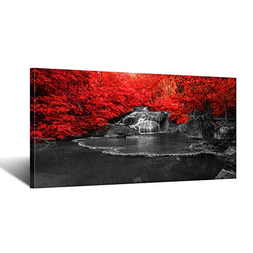 iKNOW FOTO Large Waterfall Red Tree Wall Art for Living Room Canvas Prints Decor Black and White Jungle Landscape Autumn Picture Giclee Artwork Stretched and Framed for Home Decoration 20x40inch