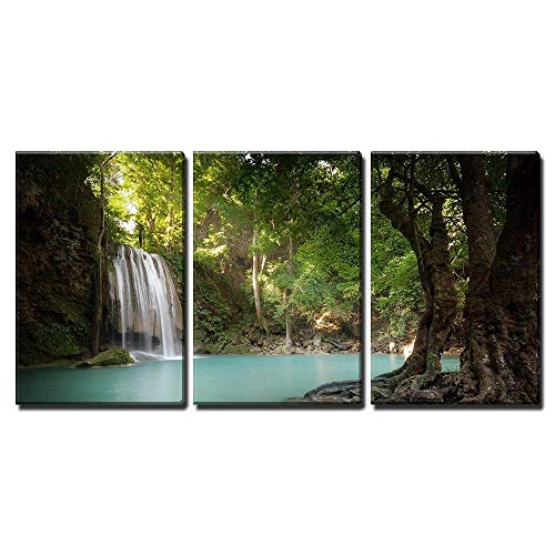 wall26 - 3 Piece Canvas Wall Art - Tropical Forest Waterfall Lake - Modern Home Decor Stretched and Framed Ready to Hang - 16x24x3 Panels