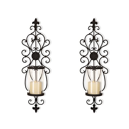 Asense Iron and Glass Scroll Candle Holder Sconce Holds One Pillar Candle - Set of 2