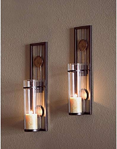 Candle Wall Sconce Set of 2 and Classic Pillar Real Flame-Effect Flameless LED Candles Set 6 X 215 with Remote and Timer Feature White Color with - Set of 2 Metal Iron Glass Home Decor Room Bronze
