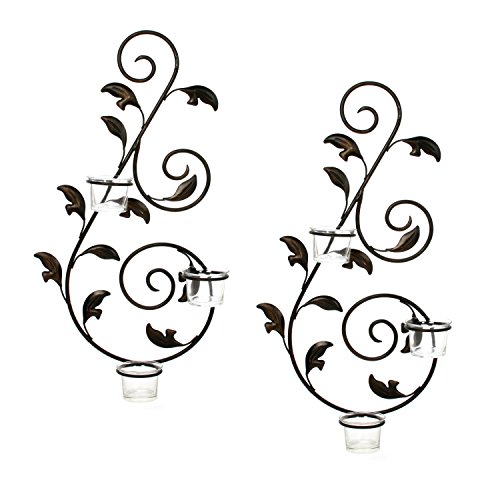 Hosley Set of 2 Iron Leaf Wall Sconce with Tealights 18 Inches High Large Scale Wall Decor Ideal Gift Home Spa Party Wedding LED Tealight Candle Garden O3