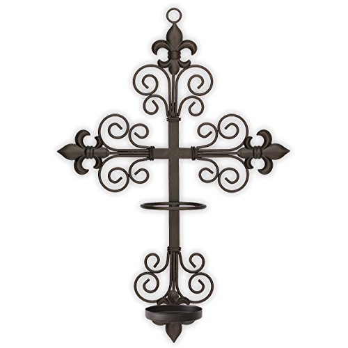The Saints Collection Fleur-de-lis Cross Wall Sconce with Candle Safety Guard Ring for All 8 x 2375 Flame Flameless or LED Religious Devotional Prayer Candles