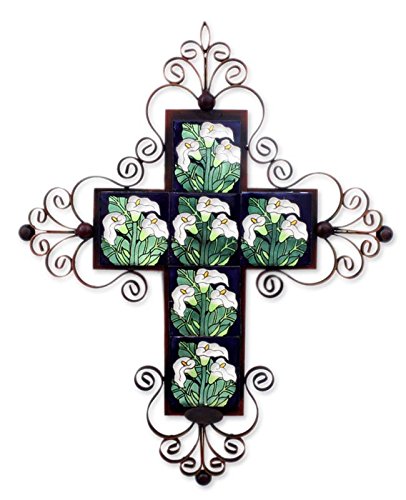 NOVICA Ceramic Calla Lily Cross Iron Wall Candleholder