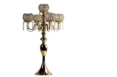 5 Arm Crystal Drop Metal Candelabra 27 Inches Tall Candle Holder - Gold