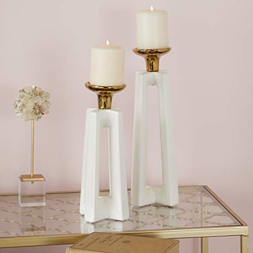 CosmoLiving by Cosmopolitan 59973 Tall Gold White Stone Modern X-Shaped Candle Holders  Set of 2 5 x 14 5 x 12