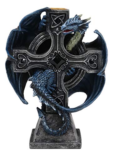 Ebros Gothic Blue Thracian Dragon Altar Drake Cross Candle Holder Figurine 7 Tall Candleholder Statue Medieval Renaissance Fantasy Decor Dungeons and Dragons Accent Centerpiece