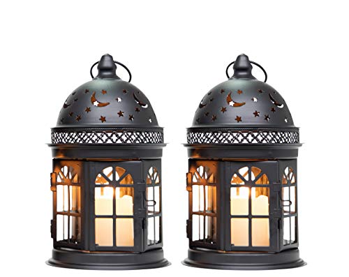 JHY DESIGN Set of 2 Decorative Lanterns-85inch High Vintage Style Hanging Lantern Metal Candle Holder for Indoor Outdoor Events Parities and Weddings Black