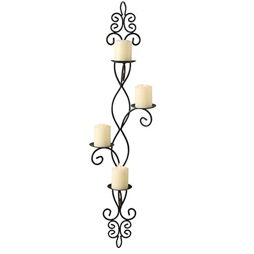 WHW Whole House Worlds French Country Wall Sconce for 4 Candles Curled Iron Rustic Black Craft Finish Center Spikes Vertical Orientation Fleur De Lis Arabesque Exclusive 35 34 Inches Tall