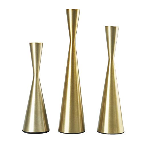 Homend Set of 3 Brass Gold Metal Taper Candle Holders Candlestick Holders Vintage Modern Decorative Centerpiece Candlestick Holders for Table Mantel Wedding Housewarming Gift