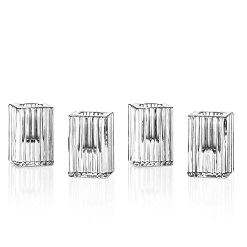 LampLust Glass Taper Candle Holders - 2 Inch Tall Clear Fluted Glass Fits Standard 34 Inch Tapered Candlesticks for Home Decor Wedding Reception or Holiday Table Decoration Set of 4