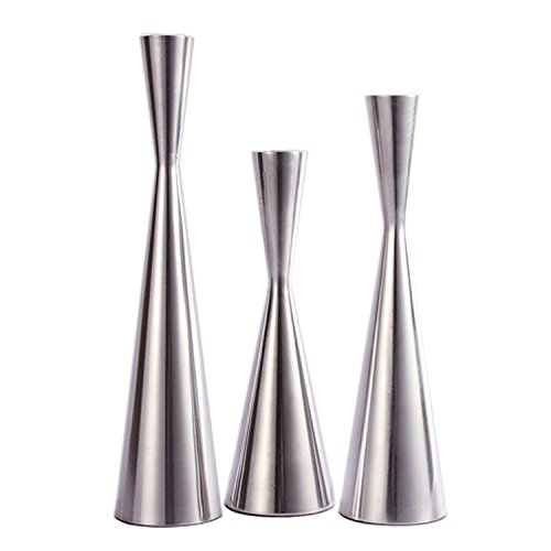 Set of 3 Silver Brushed Metal Taper Candle Holders Candlestick Holders Vintage Modern Decorative Centerpiece Candlestick Holders for Table Mantel Wedding Housewarming Gift Shiny Silver SMLSET