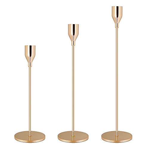 ecoolda Gold Brass Taper Candle Holders Set of 3Wedding Dinning Table Decorative Candlestick HolderMetal CandelabraFits 34 inch Thick Candle Led Candles