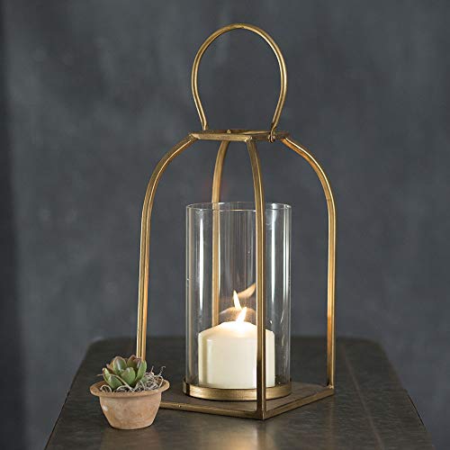 Attractive and Graceful Small Tribeca Gold Metal Lantern Candle Holder with Clear Glass Rustic Indoor  Outdoor Light for Your Home Decor - Modern Rustic Vintage Farmhouse Style
