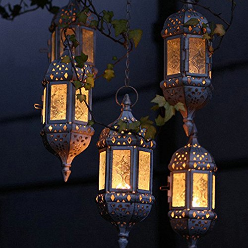 GRD Moroccan Vintage Metal Hollow Wedding Hanging Candle Holders Lantern Contain 40cm Chain Black
