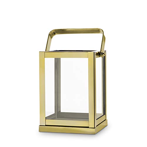 LampLust Gold Lantern Candle Holder Centerpiece - 9 Tall Glass Paneled Geometric Square Shape Decorative Lantern for Wedding Decor and Table Decoration