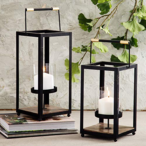 Leraze Decorative Metal Candle Lantern 13 Candle Holder with Glass Insert and Wooden Base Ideal for Table Centerpieces Wedding Decor Banquet Party Classic Patio Lantern