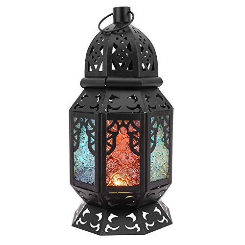 Lewondr Retro Iron Candle Lantern 102 Inch Portable Moroccan Wrought Iron Stained Glass Decorative Lantern Candle Holder Hanging Lamp Wind Lantern for Home Decor Small - Black  Colorful