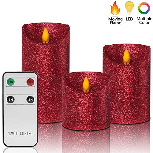 Christmas Flameless Candles Battery Operated with Remote Real Moving Flame Decorative Electric LED Candle Sets Real Wax Flickering Pillar Candles Lights Bulk 4 5 6 Pack of 3 Red