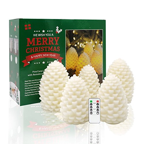 DRomance Christmas Decoration Pinecone Flameless LED Candles with Remote and Timer Decorative Light Battery Operated Pine Cone Shaped LED lamp for Home Xmas Party Decoration Set of 5 Ivory
