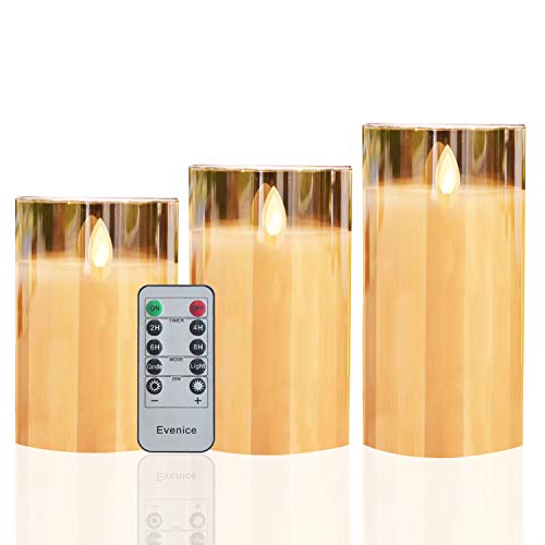 Evenice Flameless Candles Flickering Battery Operated Glow Light Pillar Real Wax Candles with Glass Effect for Decorative Gold Set of 3
