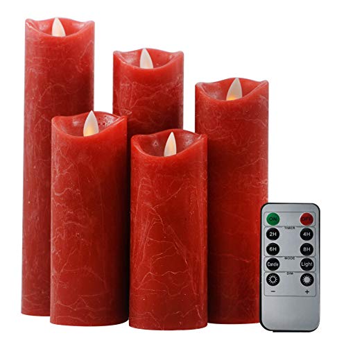 Kitch Aroma Flameless Candles Flickering Candles Burgundy Red Color Decorative Battery Flameless Candle Classic Real Wax Pillar with Dancing LED Flame with Remote Control