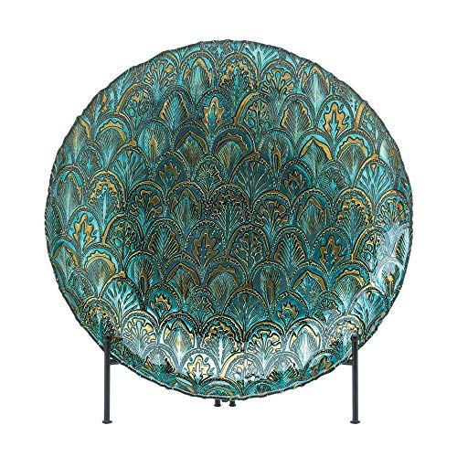Boomer888 Glass Peacock Plate Large 15 Glass Teal Blue Green Gold Peacock Feather Candle Plate Fruit Bowl