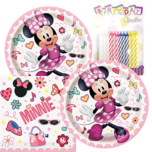 Minnie Birthday Party Pack - Includes 7 Paper Plates Beverage Napkins Plus 24 Birthday Candles - Serves 16