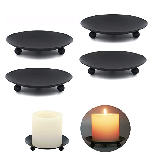 WillGail Decorative Iron Plate Candle Holder Set of 4 Matte Black Pillar Candlesticks Holders Pedestal Candle Stand for LED Wax Candles Table Fireplace Incense Cones Spa Weddings Party