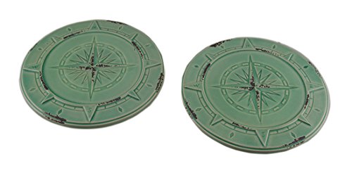 Zeckos Set of 2 Vintage Aqua Finish Compass Rose Ceramic Candle Plates